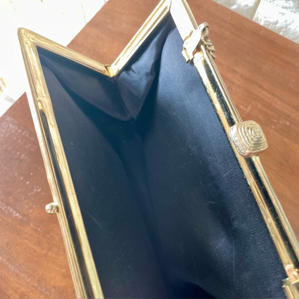 Vintage Gold Metallic Structured Evening Clutch Bag Chain Strap + Clasp Closure - Picture 13 of 13